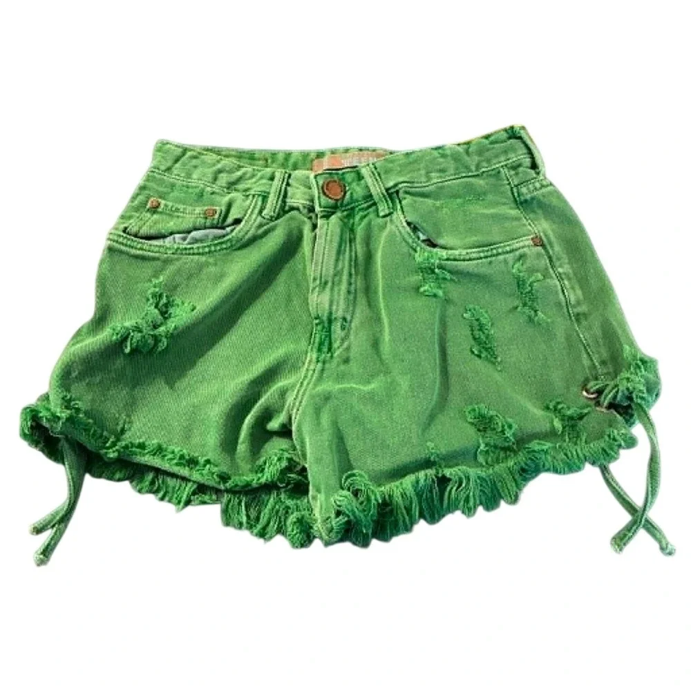 Spezzato Teen Denim Shorts Womens 38 Green Distressed Lace Up Frayed